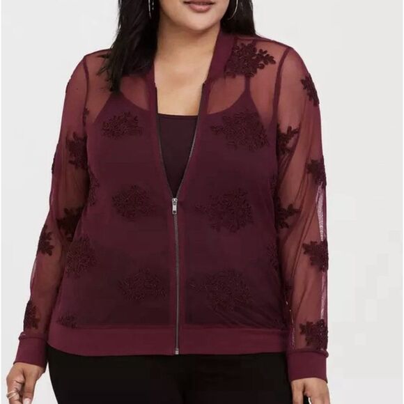 Torrid Mesh Bomber Jacket Red Burgundy Zip-Up Sheer Womens 1X Embroidered Floral - Picture 1 of 10